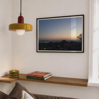 Dusk Over Town and Estuary Landscape Poster mockup - Corner Bedroom Mockup - Landscape