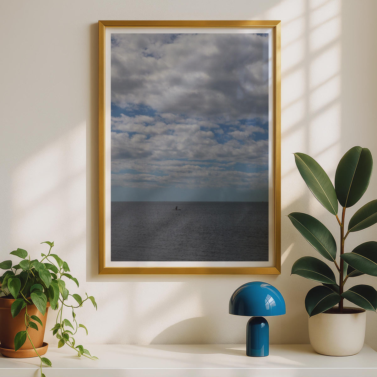 Lone Paddleboarder Sea Poster, Dramatic Cloudy Sky Seascape Print, Minimalist Ocean Wall Art, Blue Grey Coastal Photography Print