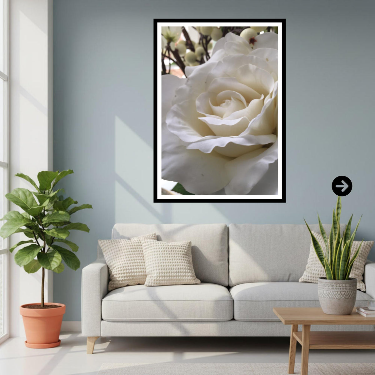 White Rose Photography Print: Elegant Botanical Wall Art, Neutral Floral Decor Poster