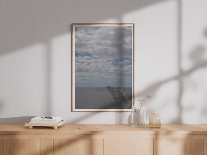 Lone Paddleboarder Sea Poster, Dramatic Cloudy Sky Seascape Print, Minimalist Ocean Wall Art, Blue Grey Coastal Photography Print
