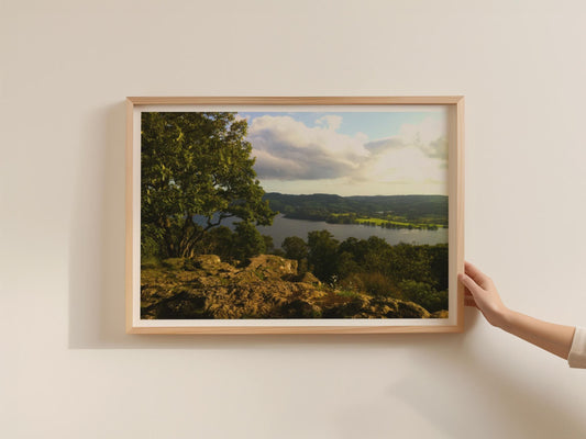 Lake District Landscape Poster, Windermere Tree View Framed-Print, English Lake Wall Art, Cumbria Nature Photography Print, Green Hills