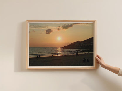 Sunset Beach Landscape Poster, Coastal Framed-Print, Golden Sky Seascape, Cornwall Devon Wall Art, Seaside Silhouette Print, Orange Dusk
