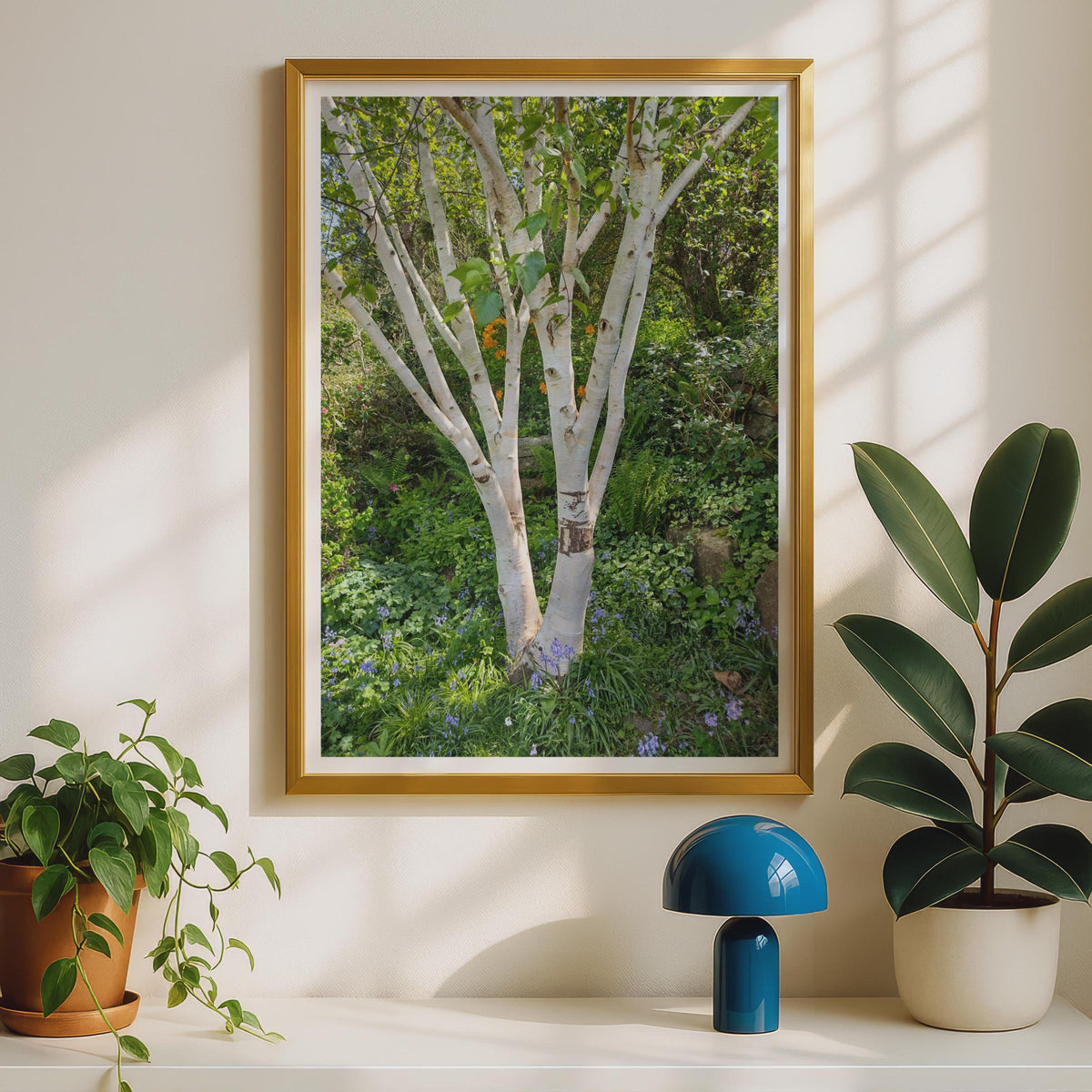 Silver Birch Tree Poster, White Bark Woodland Print, Bluebell Garden Wall Art, Nature Photography, Green Botanical Decor, Forest Photo Print