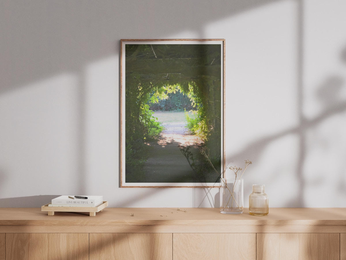 Garden Tunnel Arch Photography Print, Green Leafy Pergola Path Poster, Secret Garden Wall Art, Nature Pathway, Botanical Garden Decor