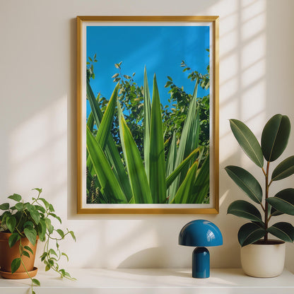 Tropical Leaf Photography Print, Green Plant Wall Art, Bold Botanical Poster, Blue Sky Garden, Nature Lovers Gift, Vibrant Foliage Decor