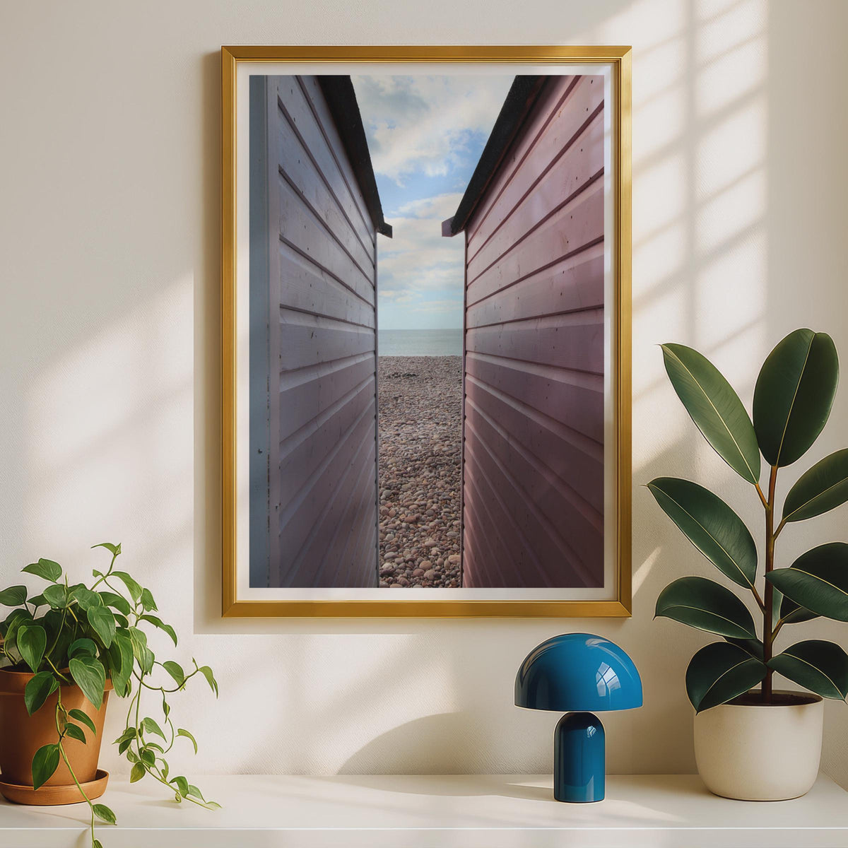 Beach Hut Photography Print, Pebble Beach Coastal Poster, British Seaside Wall Art, Pink Pastel Huts, UK Coast Photo Print