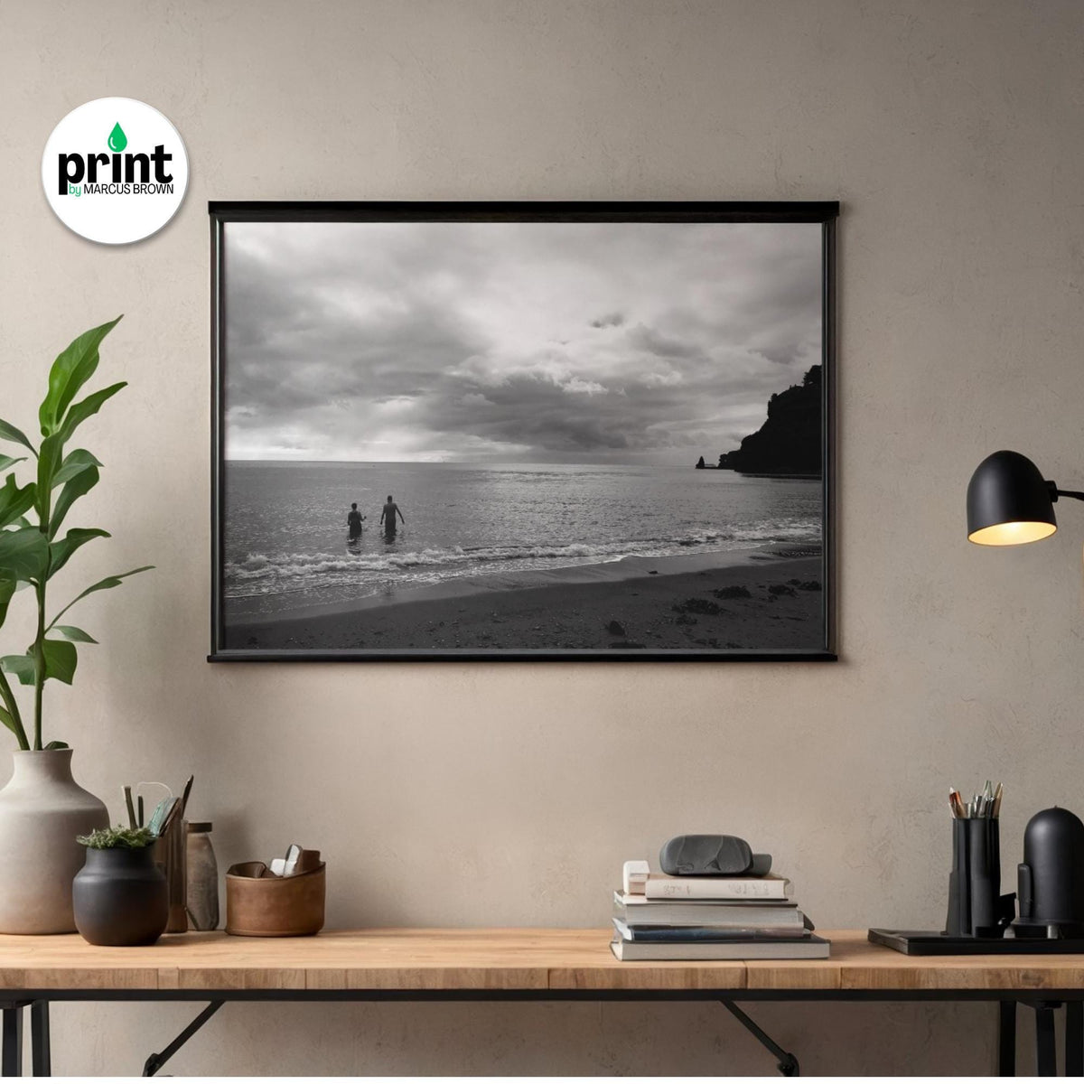 Let's Swim Art Print: Black and White Devon Beach Scene