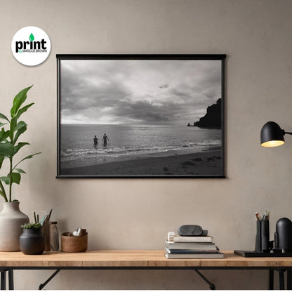 Let's Swim Art Print: Black and White Devon Beach Scene