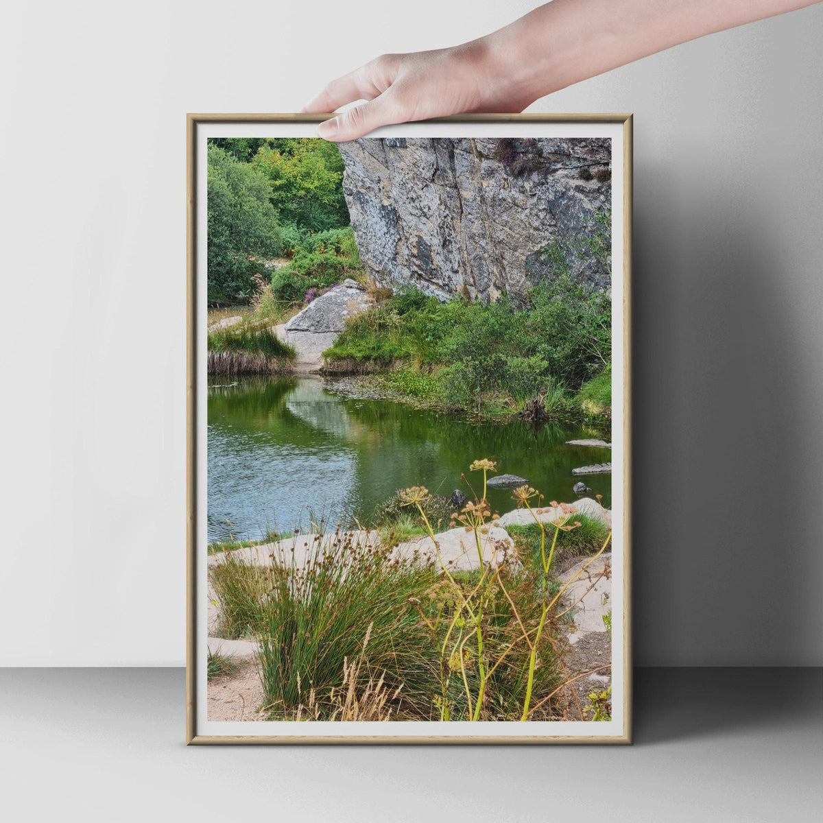 Granite Quarry Pool Nature Photography Print, Rocky Cliff Landscape Poster, Green Wild Pond Wall Art, Countryside Nature Decor, UK Scenery