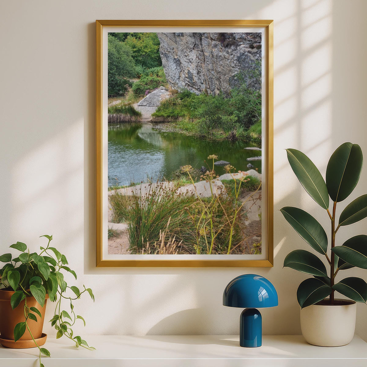 Granite Quarry Pool Nature Photography Print, Rocky Cliff Landscape Poster, Green Wild Pond Wall Art, Countryside Nature Decor, UK Scenery