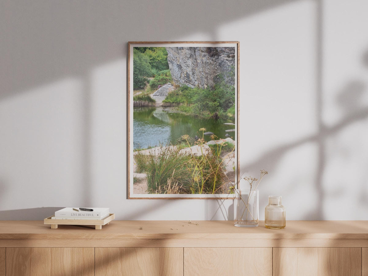 Granite Quarry Pool Nature Photography Print, Rocky Cliff Landscape Poster, Green Wild Pond Wall Art, Countryside Nature Decor, UK Scenery