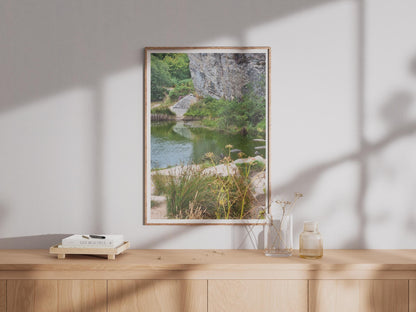 Granite Quarry Pool Nature Photography Print, Rocky Cliff Landscape Poster, Green Wild Pond Wall Art, Countryside Nature Decor, UK Scenery