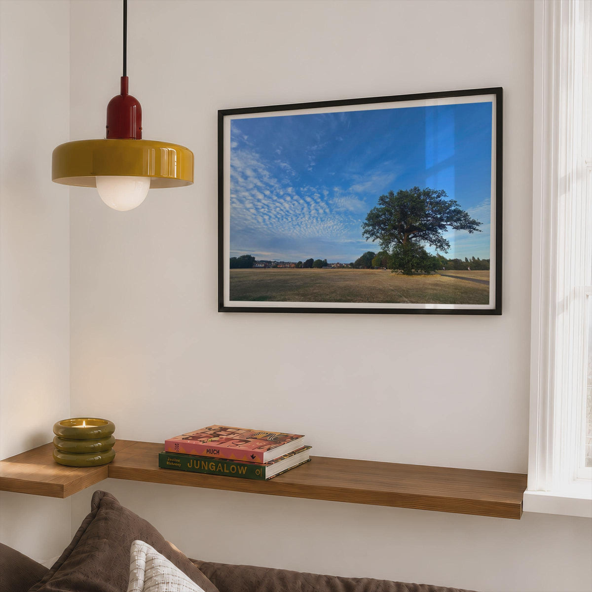 English Oak Tree Poster, Summer Park Landscape Framed-Print, Blue Sky Wall Art, British Countryside Nature Print, Golden Meadow Home Decor