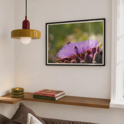 Artichoke Flower Bee Poster, Purple Botanical Framed-Print, Garden Wildlife Wall Art, Macro Nature Photography Print, Green Bokeh Decor