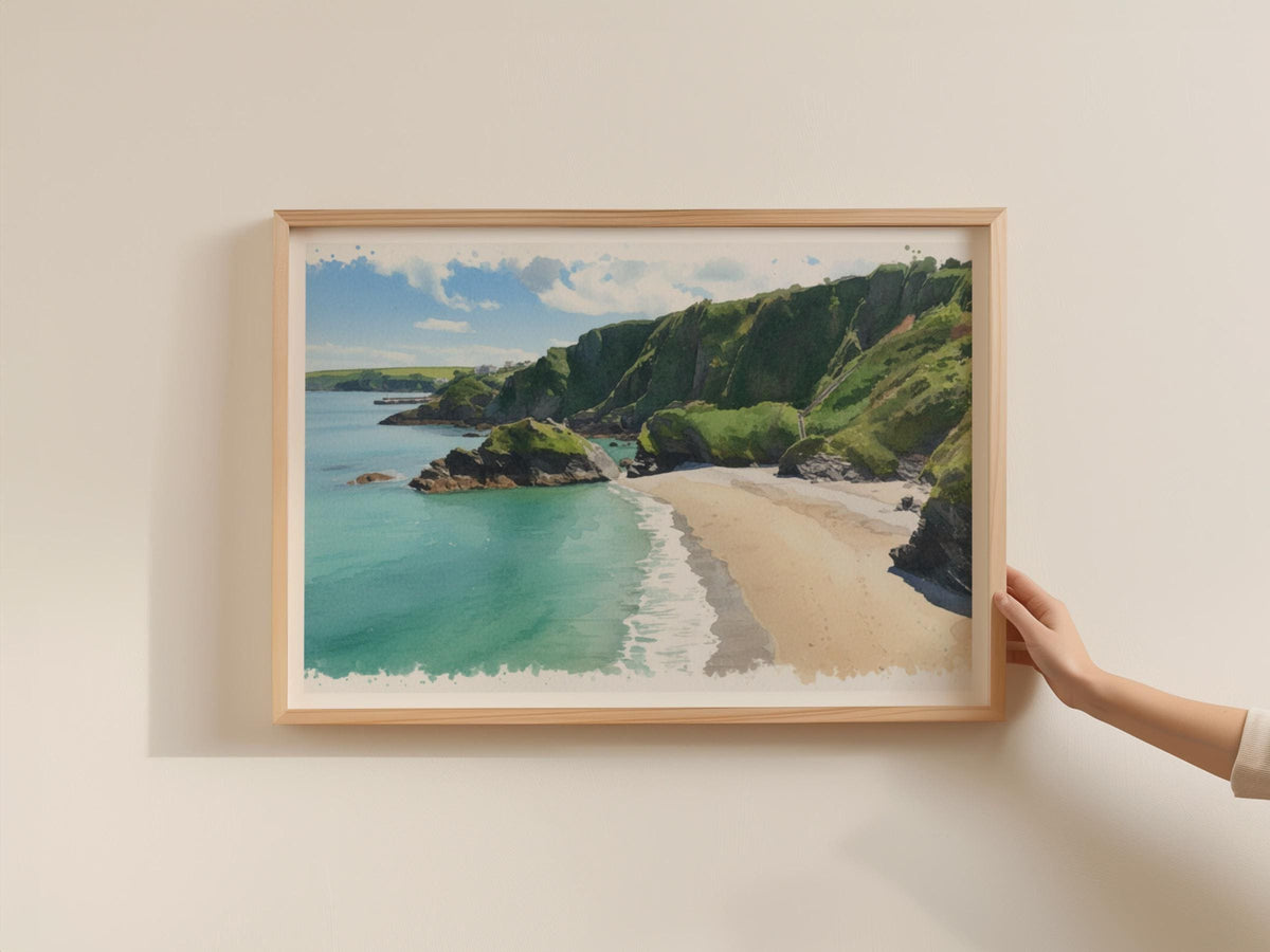 Cornwall Coastal Beach Watercolour Poster, Framed-Print, Turquoise Sea Cliffs Wall Art, Cornish Cove Print, British Seaside Home Decor Gift