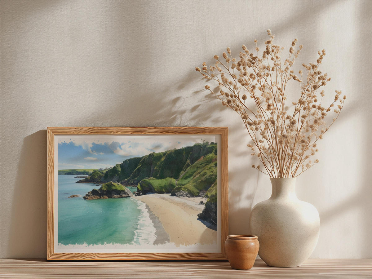Cornwall Coastal Beach Watercolour Poster, Framed-Print, Turquoise Sea Cliffs Wall Art, Cornish Cove Print, British Seaside Home Decor Gift
