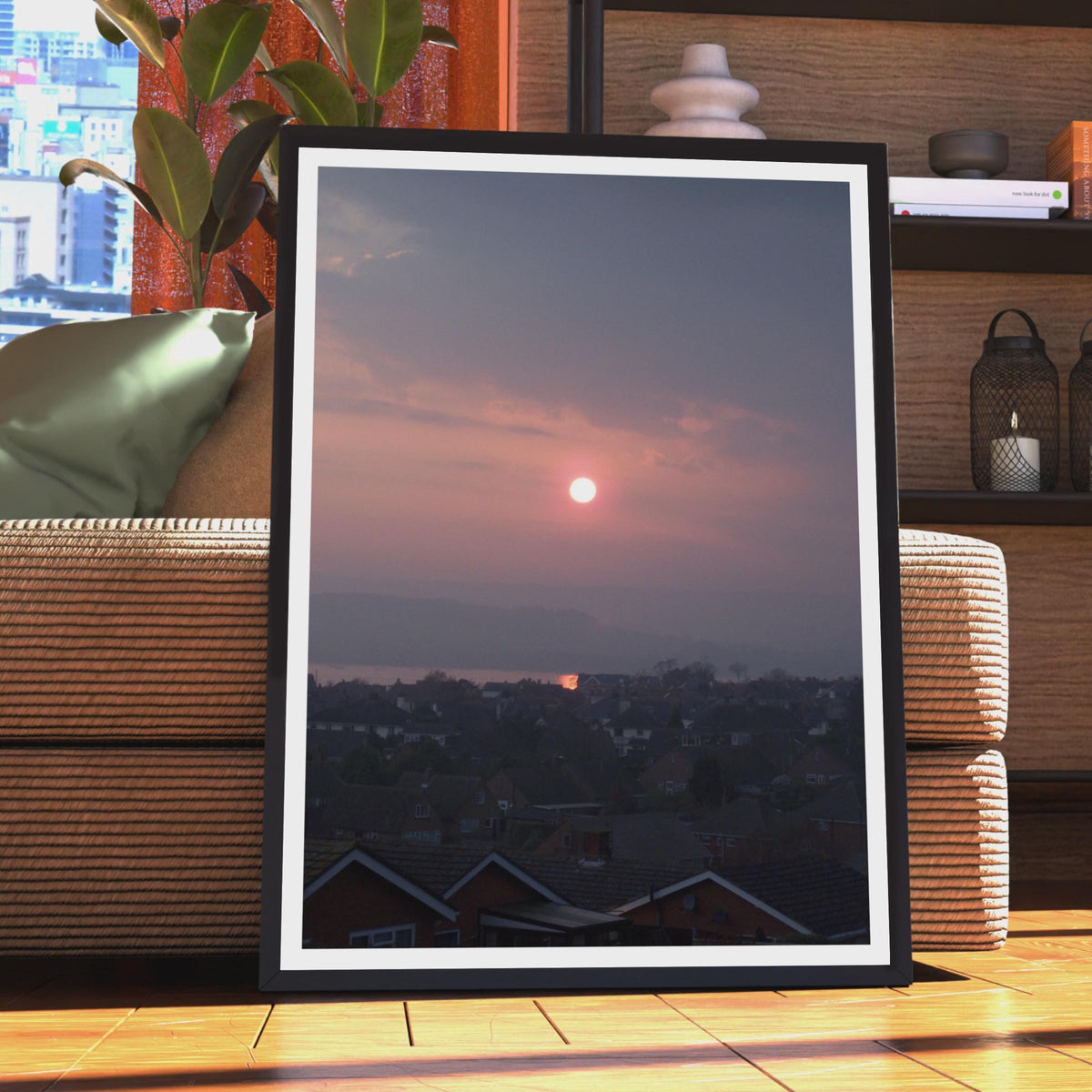 Misty Sunrise Over Rooftops Poster, Moody Pink Sky Wall Art, Urban Dawn Landscape Print, Grey and Pink Home Decor, British Townscape