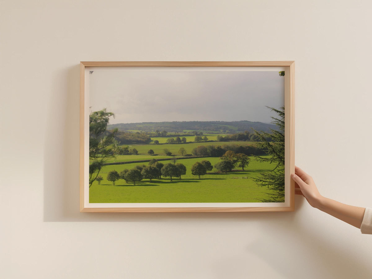 Rolling Green Countryside Landscape Poster, English Rural Farmland Framed-Print, Trees Hills Wall Art, British Country Scene Nature Print