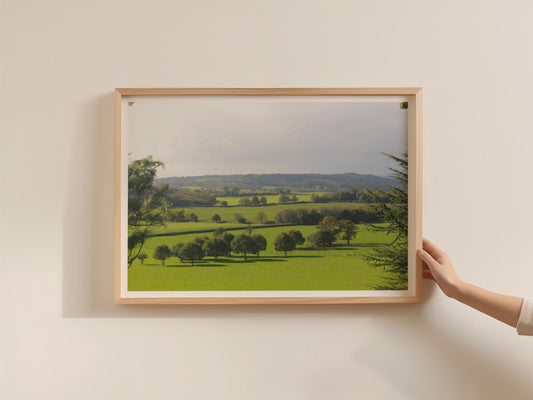 Rolling Green Countryside Landscape Poster, English Rural Farmland Framed-Print, Trees Hills Wall Art, British Country Scene Nature Print