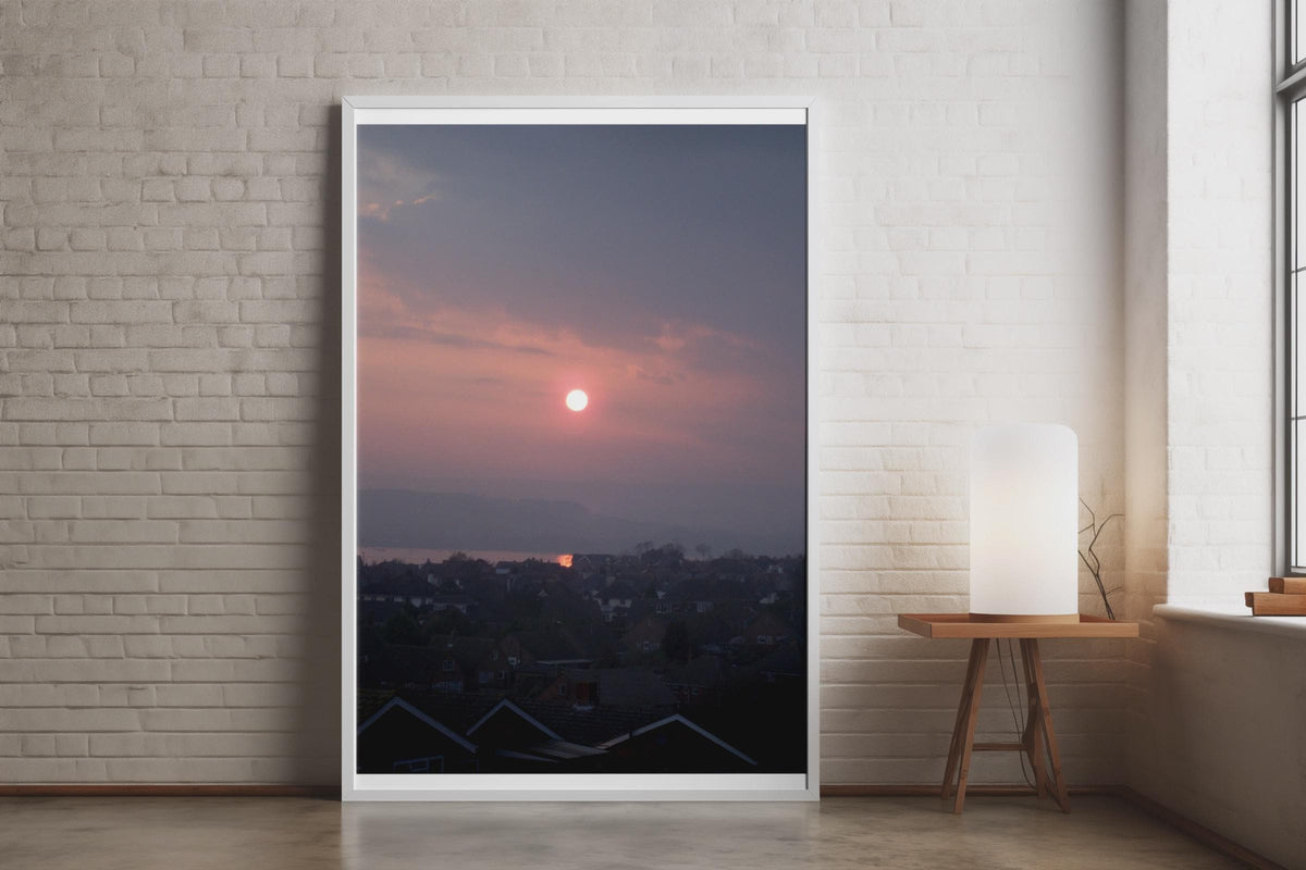 Misty Sunrise Over Rooftops Poster, Moody Pink Sky Wall Art, Urban Dawn Landscape Print, Grey and Pink Home Decor, British Townscape