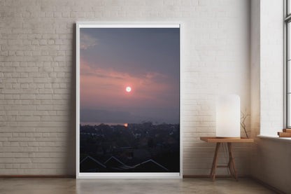 Misty Sunrise Over Rooftops Poster, Moody Pink Sky Wall Art, Urban Dawn Landscape Print, Grey and Pink Home Decor, British Townscape