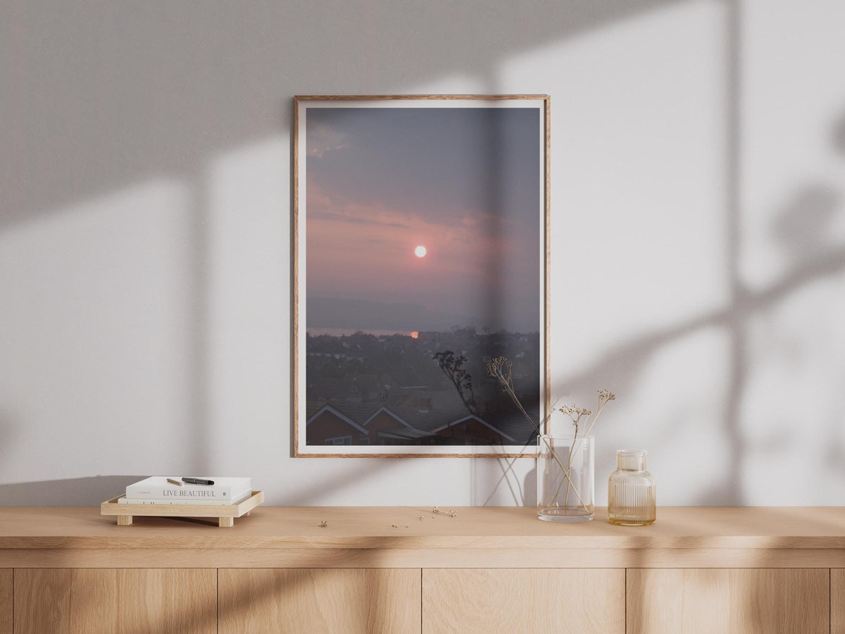 Misty Sunrise Over Rooftops Poster, Moody Pink Sky Wall Art, Urban Dawn Landscape Print, Grey and Pink Home Decor, British Townscape