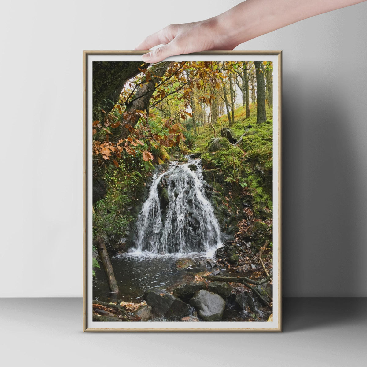 Autumn Waterfall Forest Poster, Woodland Nature Print, Russet Green Cascading Stream, Mossy Rocks Wall Art, Nature Photography Print