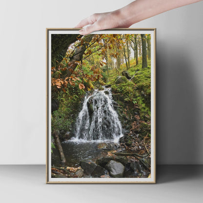 Autumn Waterfall Forest Poster, Woodland Nature Print, Russet Green Cascading Stream, Mossy Rocks Wall Art, Nature Photography Print