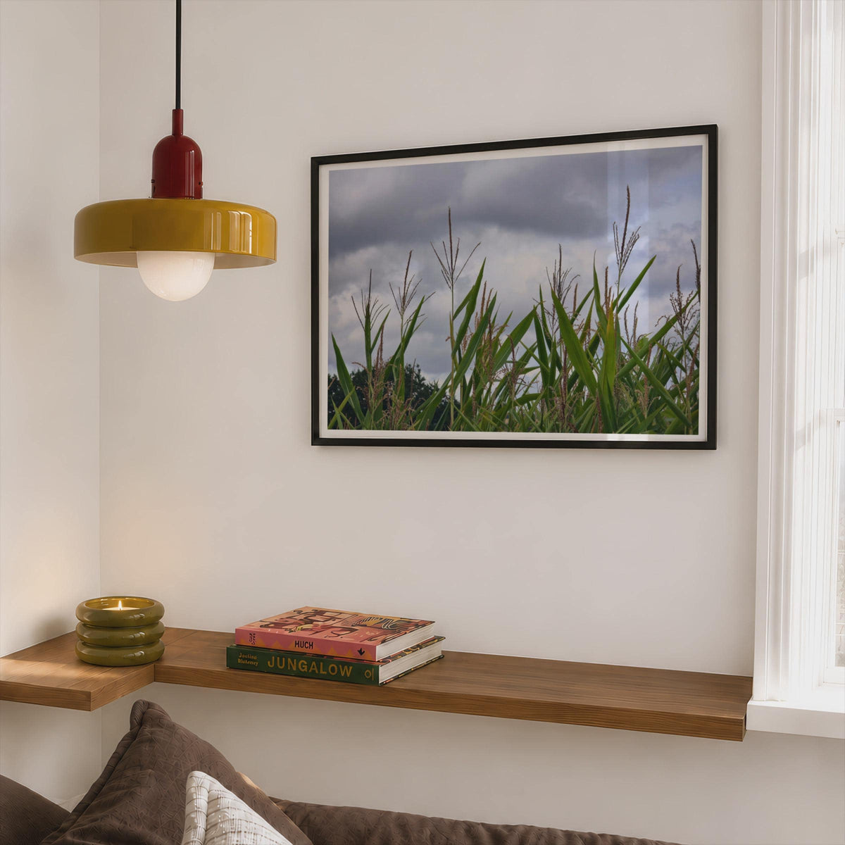 Maize Field Stormy Sky Poster, Corn Crop Photography, Framed-Print, Green Rural Landscape, Countryside Wall Art, Nature Farm Print