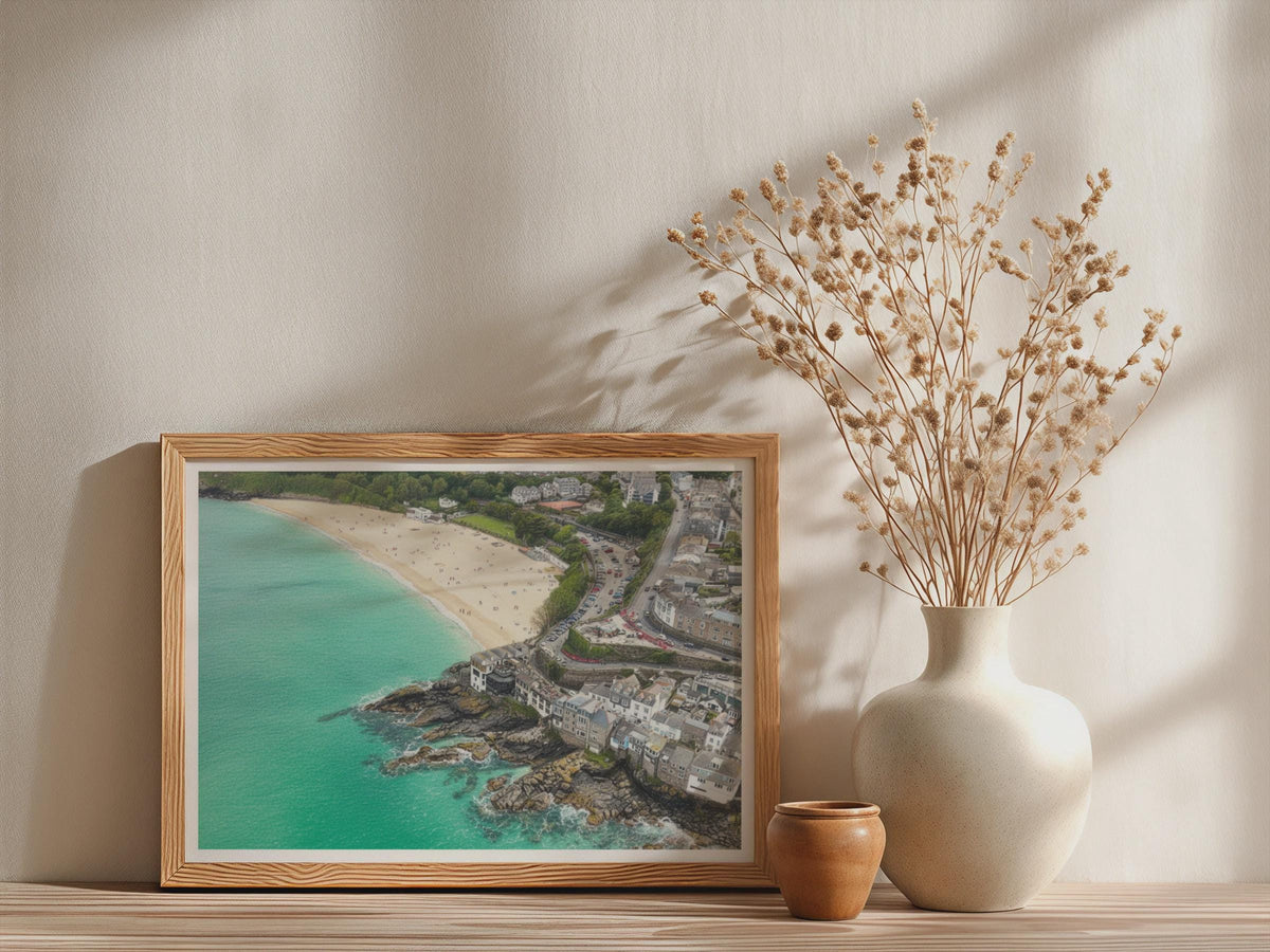 St Ives Cornwall Aerial Poster, Porthminster Beach Framed-Print, Coastal Wall Art, Turquoise Sea, Cornish Town Print