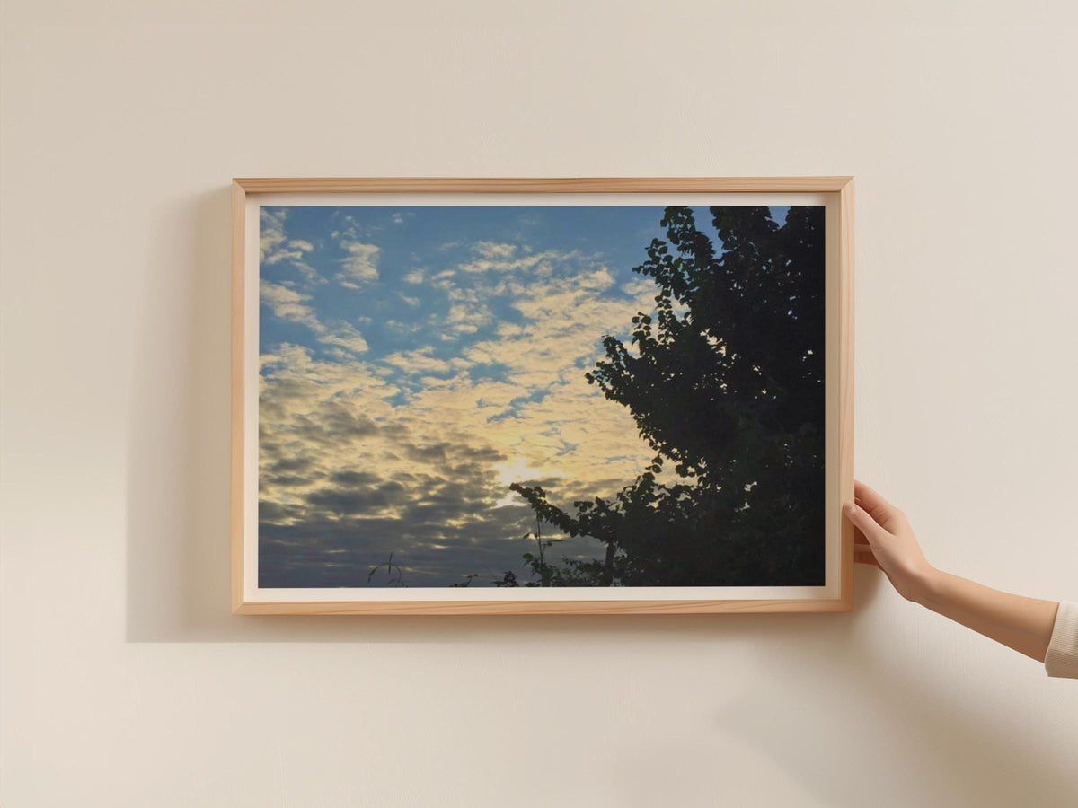 Sunset Sky Tree Silhouette Poster, Dramatic CloudScape Framed-Print, Blue Golden Sky Wall Art, Nature Photography Print for Living Room
