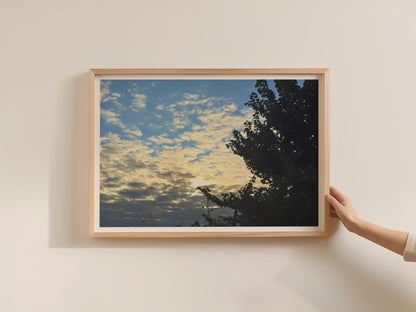 Sunset Sky Tree Silhouette Poster, Dramatic CloudScape Framed-Print, Blue Golden Sky Wall Art, Nature Photography Print for Living Room