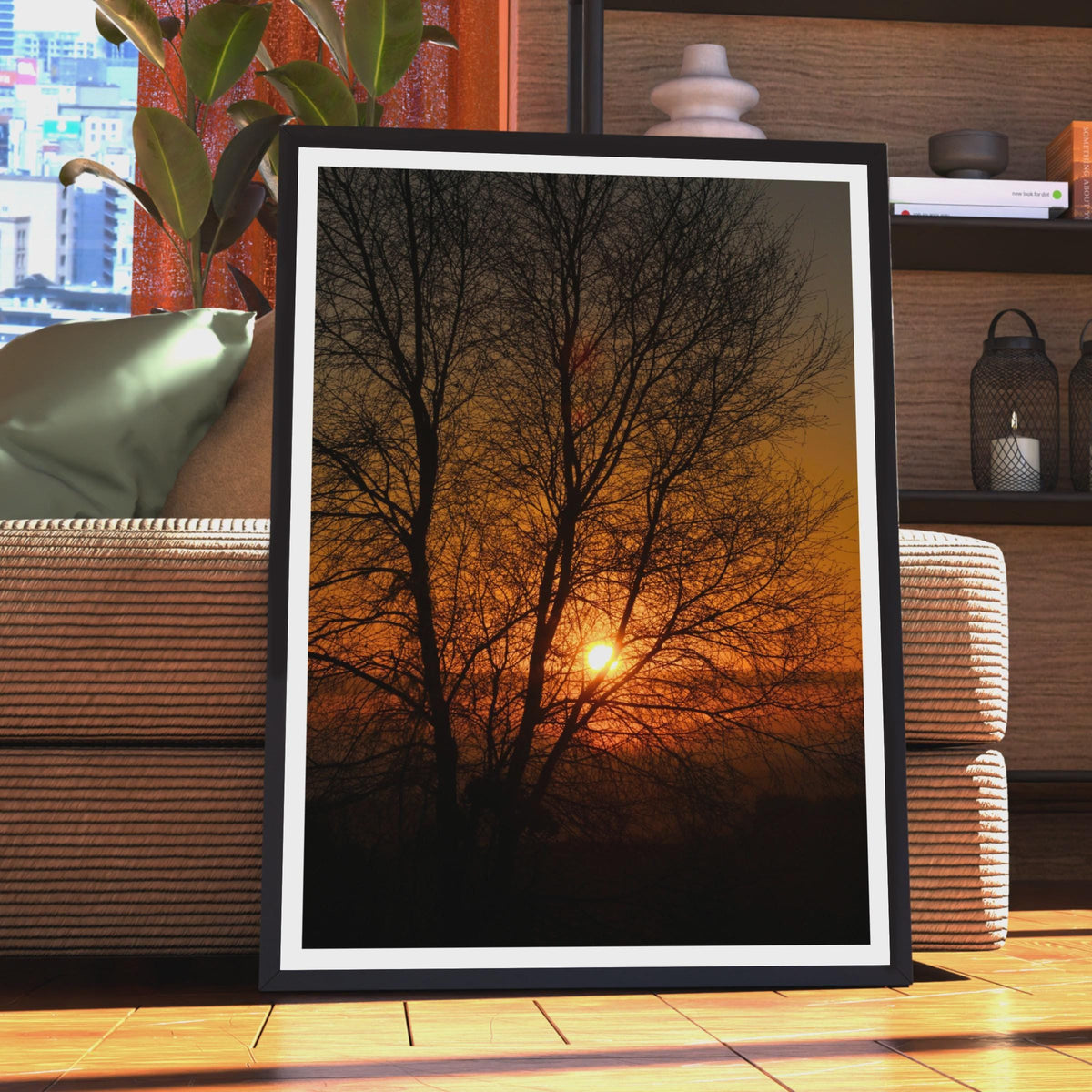 Sunset Tree Silhouette Poster, Orange Sky Nature Photography Print, Dawn Dusk Wall Art, Bare Winter Tree Photo Print for Living Room