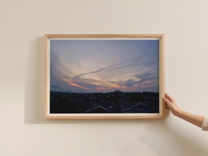 Dramatic Sunset Sky Poster, Contrail Clouds Over English Town, Dusk Photography Framed-Print, Moody Purple Orange Wall Art