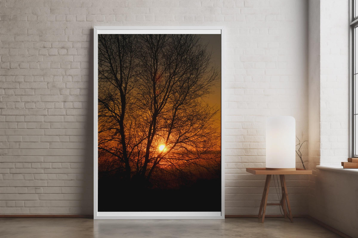 Sunset Tree Silhouette Poster, Orange Sky Nature Photography Print, Dawn Dusk Wall Art, Bare Winter Tree Photo Print for Living Room