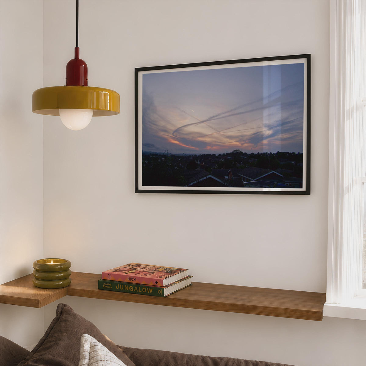 Dramatic Sunset Sky Poster, Contrail Clouds Over English Town, Dusk Photography Framed-Print, Moody Purple Orange Wall Art