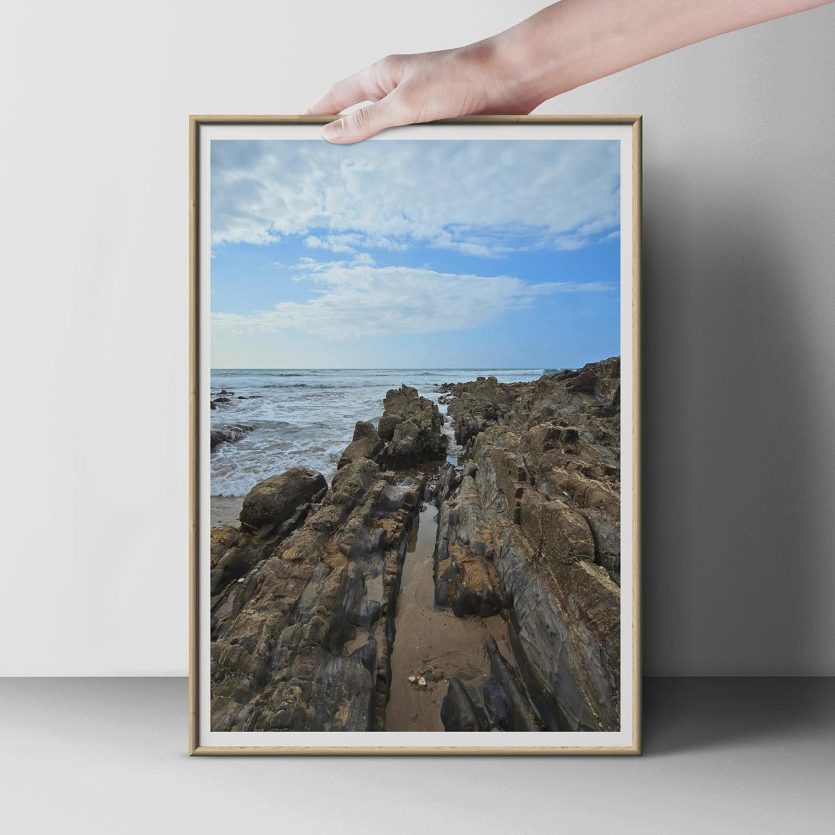Rocky Coastline Photography Print, Coastal Rock Pools Wall Art, Seaside Landscape Poster, Ocean Waves Photo Print, Blue Sky Beach Decor