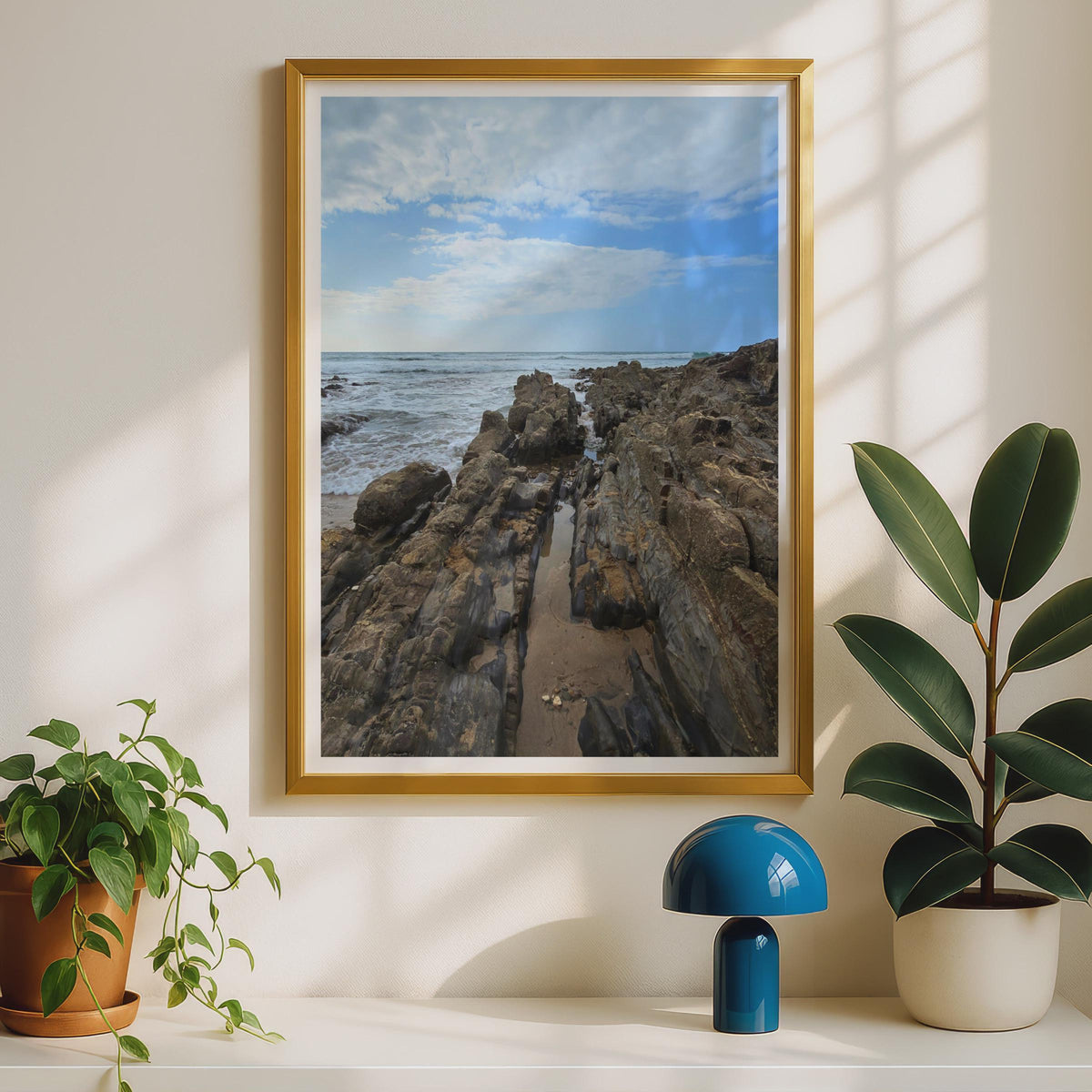 Rocky Coastline Photography Print, Coastal Rock Pools Wall Art, Seaside Landscape Poster, Ocean Waves Photo Print, Blue Sky Beach Decor