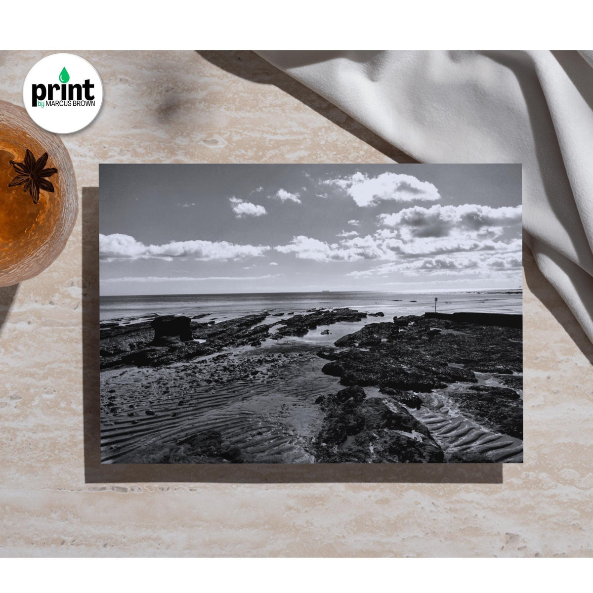 Exmouth Beach Coastal Print, Black and White (Framed or Unframed)
