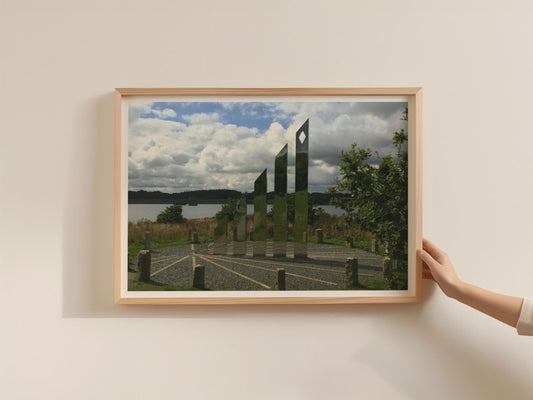 Mirror Sculpture Reservoir Poster, Outdoor Art Installation Framed-Print, Contemporary Landscape Wall Art, British Countryside Print