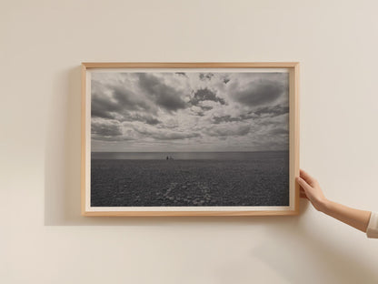 Budleigh Salterton Beach Poster, Devon Coastal Wall Art, Pebble Beach Framed-Print, Black and White Seascape, Dramatic Cloudscape Sea Print
