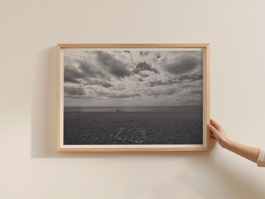 Budleigh Salterton Beach Poster, Devon Coastal Wall Art, Pebble Beach Framed-Print, Black and White Seascape, Dramatic Cloudscape Sea Print