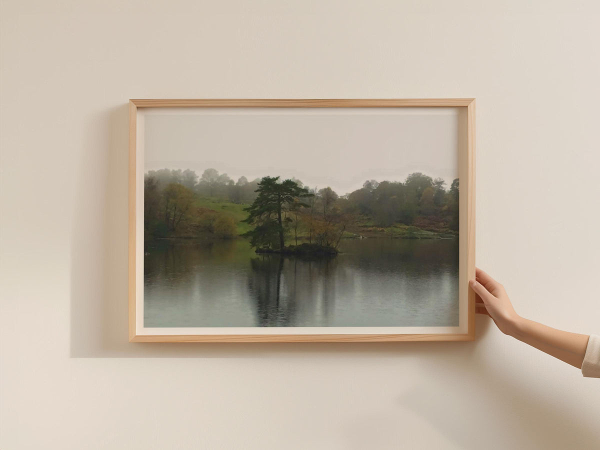 Lake District Misty Lake Poster, Tarn Landscape Framed-Print, Autumn Trees Island Reflection, Moody Nature Wall Art, English Countryside