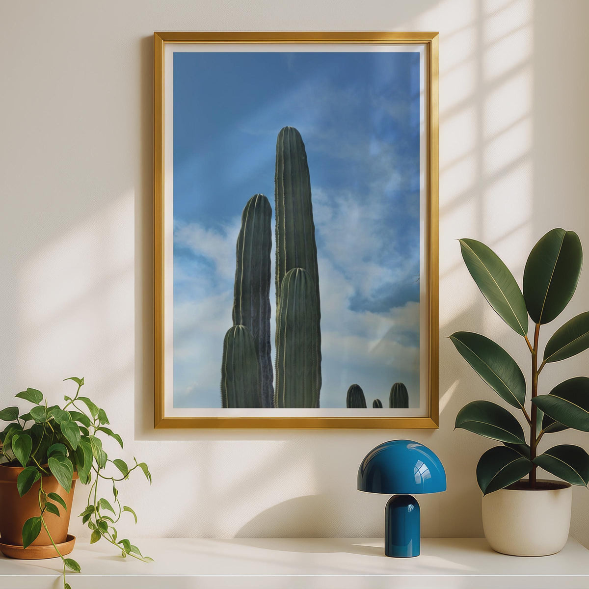 Cactus Photography Print, Tall Columnar Cactus Blue Sky Poster, Desert Plant Wall Art, Botanical Photo Print, Minimalist Green Home Decor