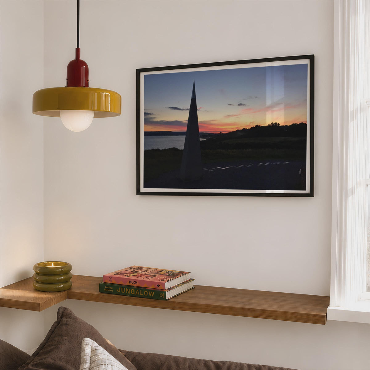 Sunset Coastal Landmark Poster mockup - Corner Bedroom Mockup - Landscape