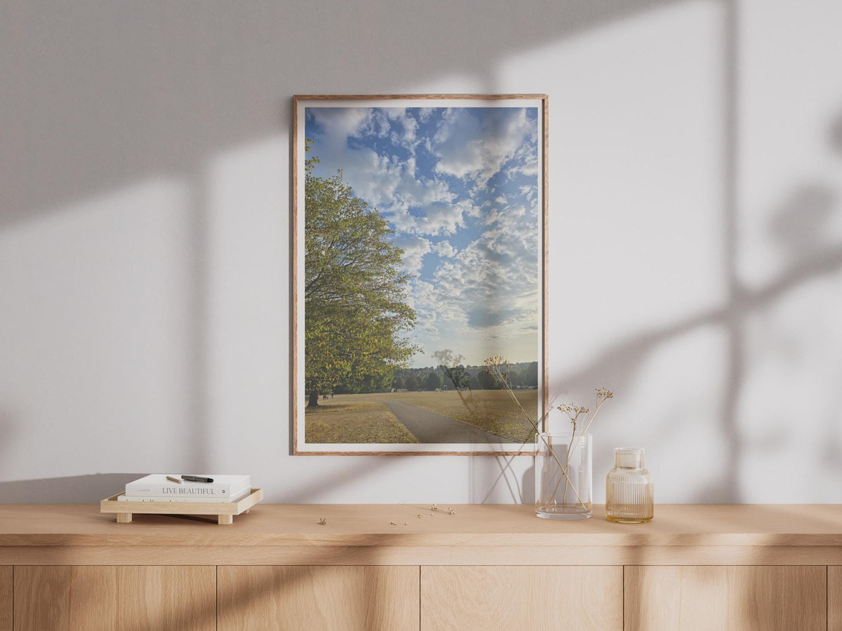 English Park Landscape Photography Poster, Autumn Tree Blue Sky Wall Art, British Countryside Nature Print, Living Room Decor