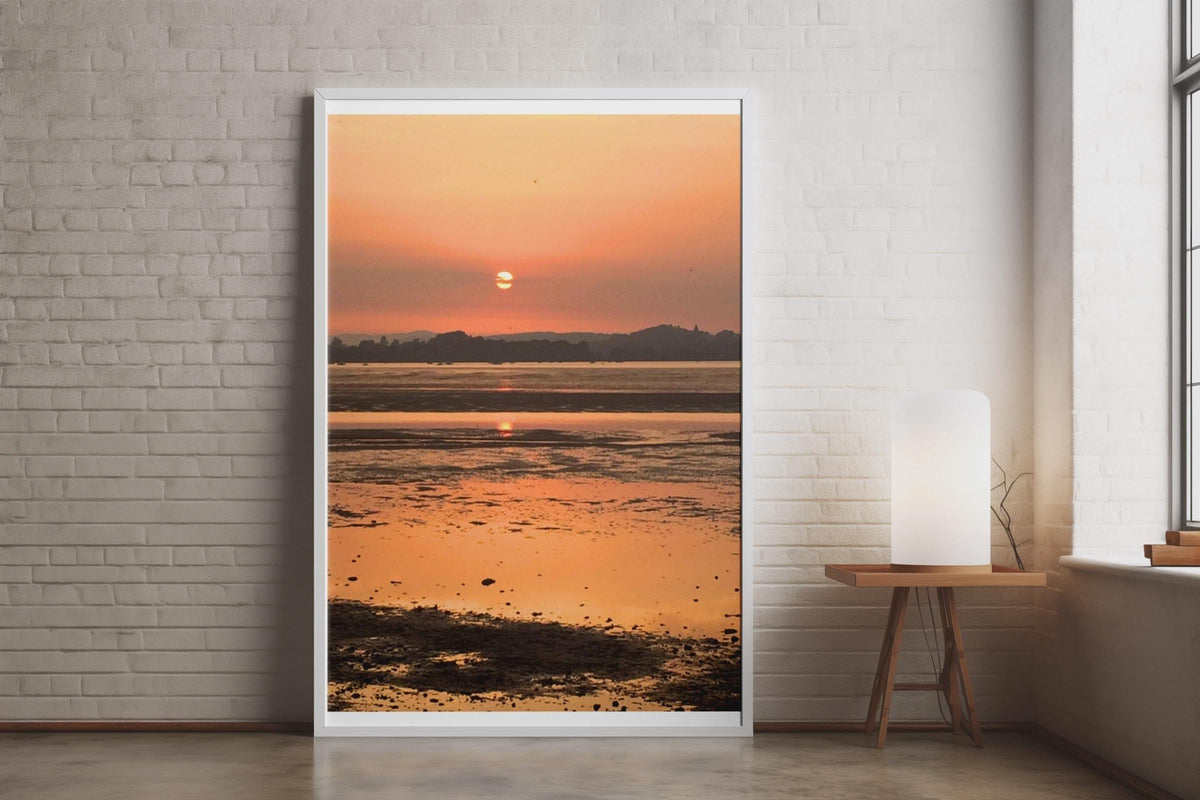 Sunset Over Tidal Estuary Poster, Orange Sky Coastal Wall Art, Low Tide Reflection Print, Seascape Photography, Warm Tones Living Room Decor