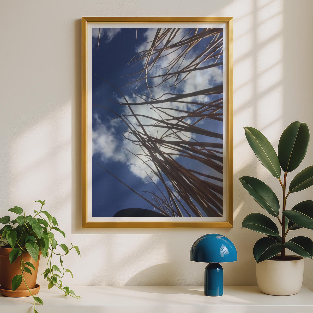 Dry Reed Stems Blue Sky Photo Poster, Looking Up Nature Photography Print, Dramatic Cloud Wall Art, Botanical Minimalist Home Decor