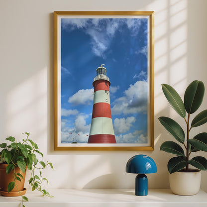 Smeaton's Tower Plymouth Hoe Lighthouse Poster, Red White Striped Landmark, Devon Coastal Wall Art, Nautical Print, British Seaside Decor