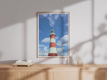 Smeaton's Tower Plymouth Hoe Lighthouse Poster, Red White Striped Landmark, Devon Coastal Wall Art, Nautical Print, British Seaside Decor